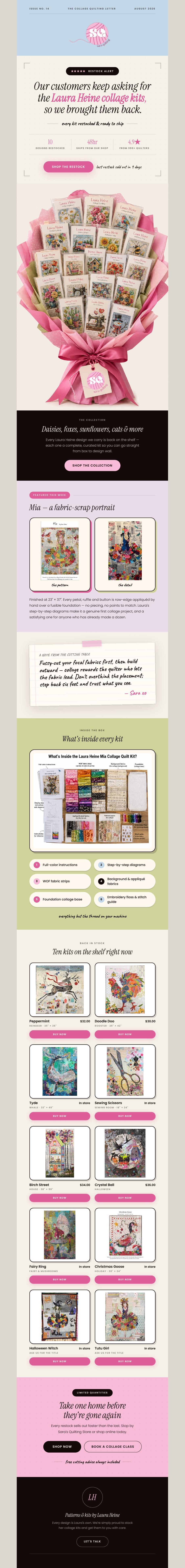Restock email newsletter for a quilting brand