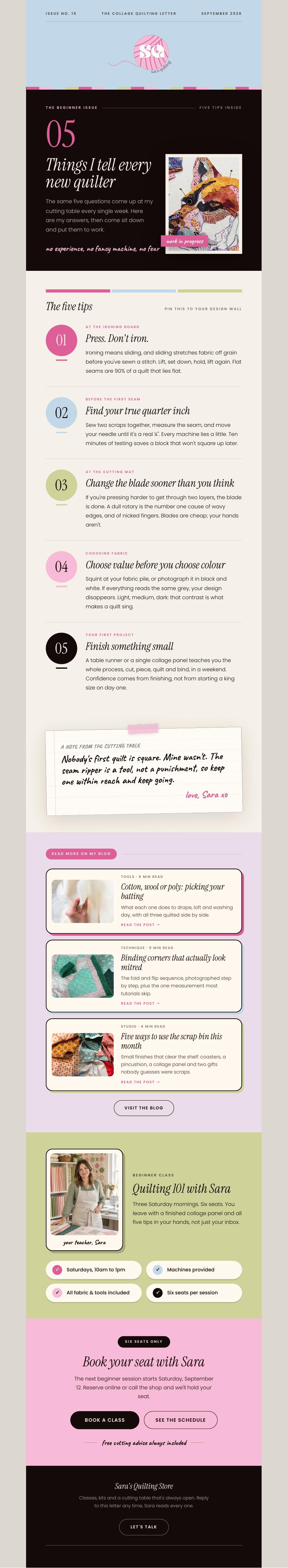Designed email newsletter for a quilting brand
